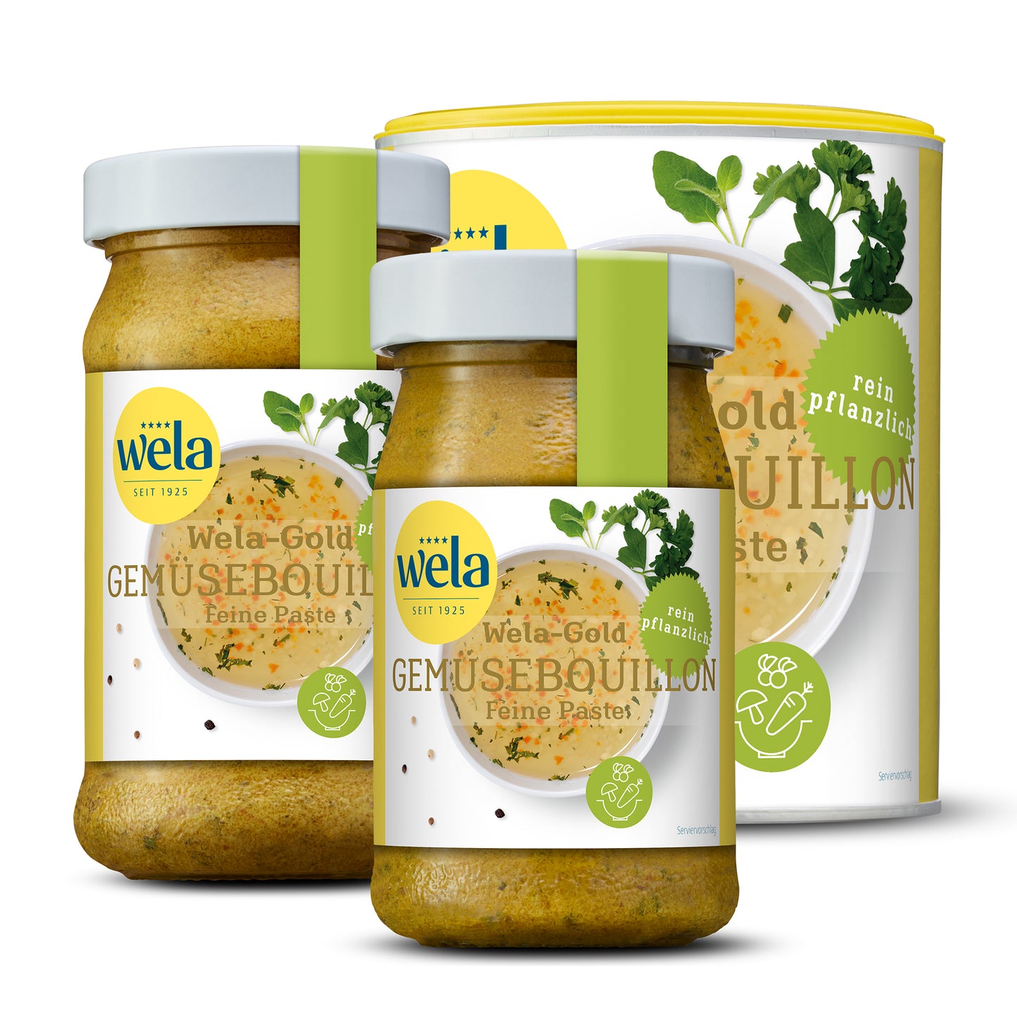 Wela Gold Gemüsebouillon Feine Paste – zwei Gläser und eine Dose mit gelb-weißem Etikett, grüner Banderole und Motiv einer Brühe mit Kräutern.