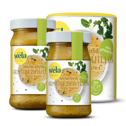 Wela Gold Gemüsebouillon Feine Paste – zwei Gläser und eine Dose mit gelb-weißem Etikett, grüner Banderole und Motiv einer Brühe mit Kräutern.