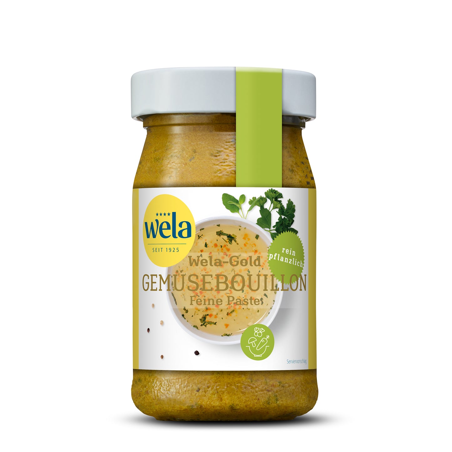 Wela Gold Gemüsebouillon Feine Paste - kleines Glas mit heller Suppenpaste, gelb-weißem Vorderseitenetikett, grüne Banderole, Motiv einer Brühe mit Kräutern.