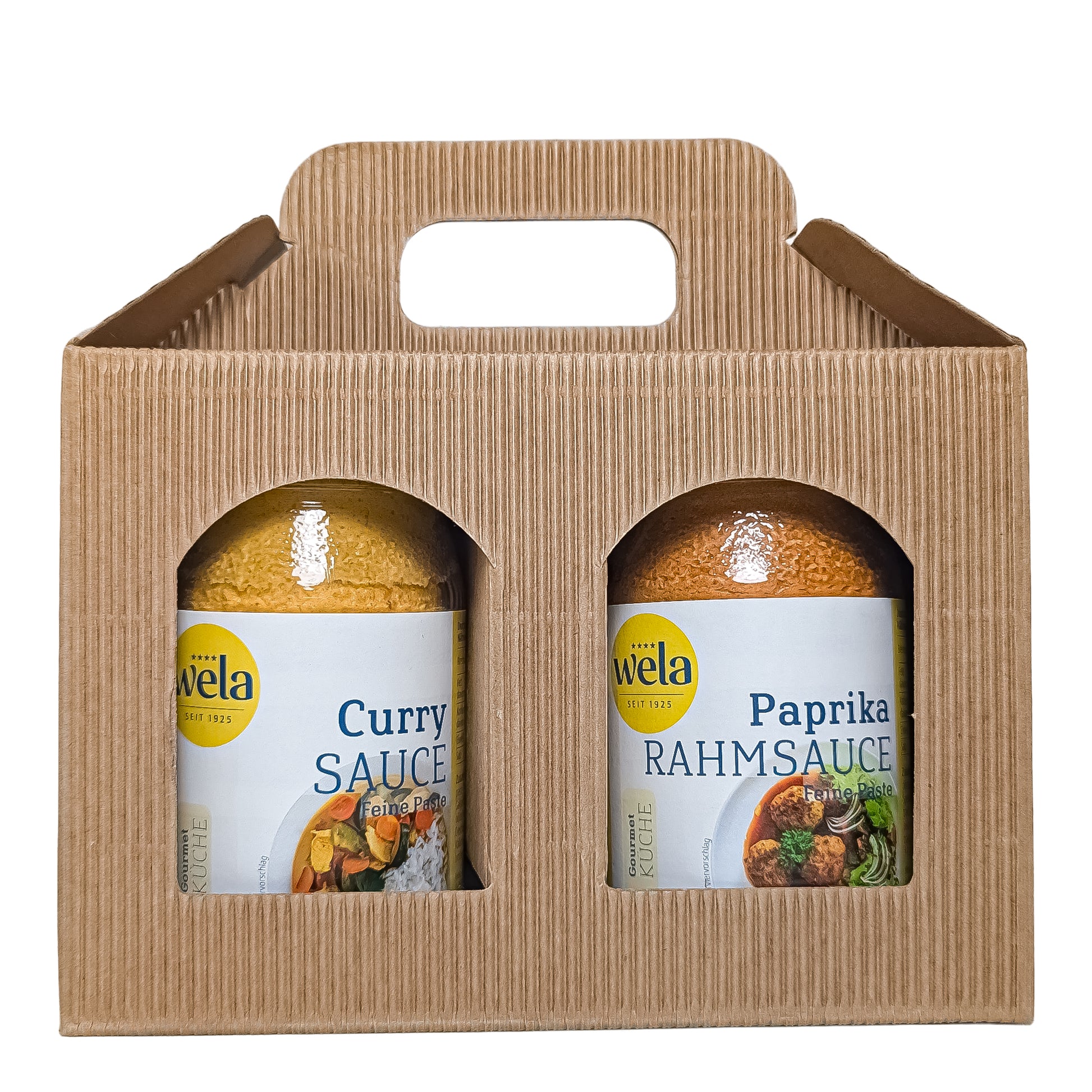 Wela Geschenkset Saucen‑Duo mit Curry‑ und Paprika‑Rahmsauce im Tragekarton.