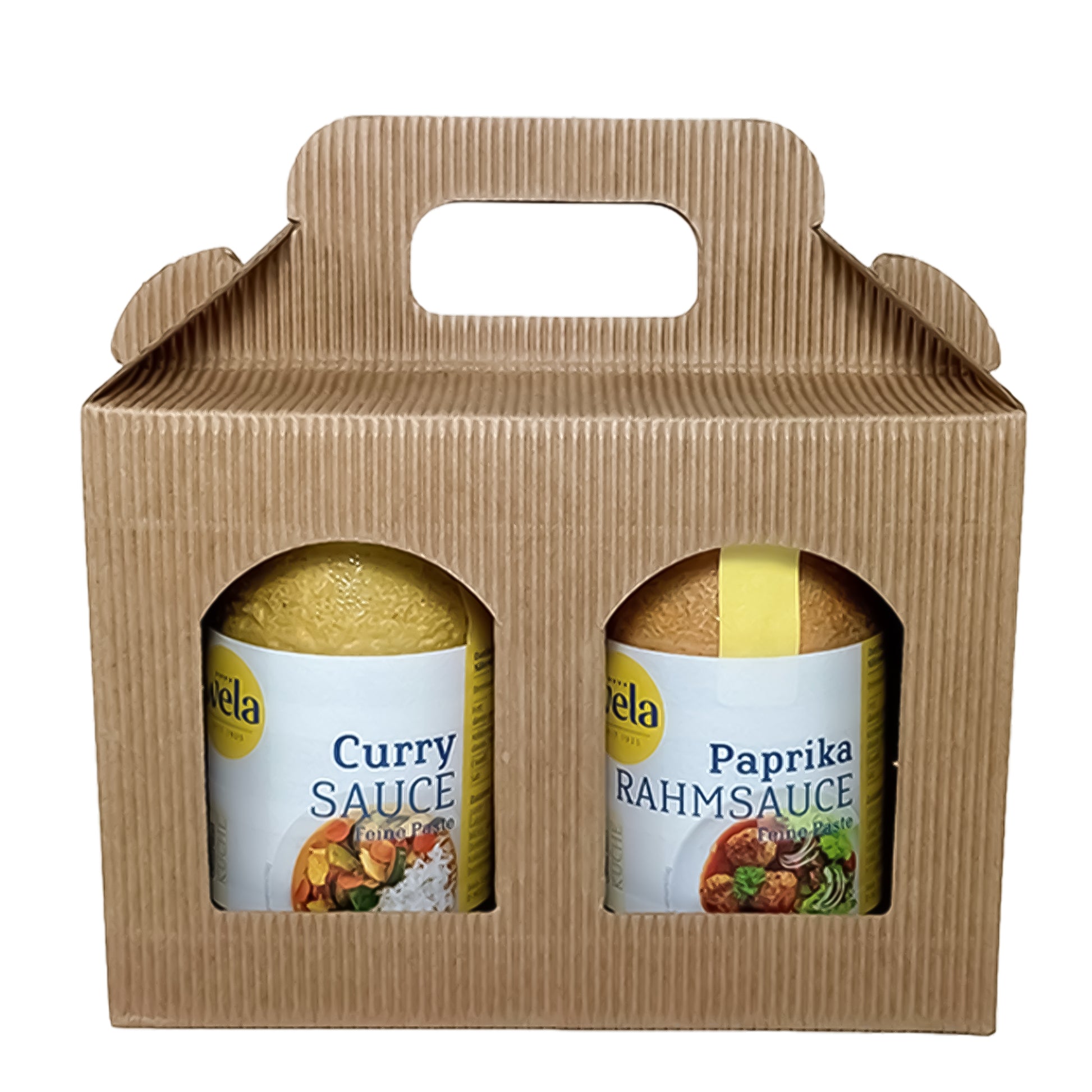 Wela Geschenkset Gourmet Saucen-Duo - Zwei kleine Gläser mit Saucenpaste sichtbar in einem braunen Geschenkkarton verpackt. 