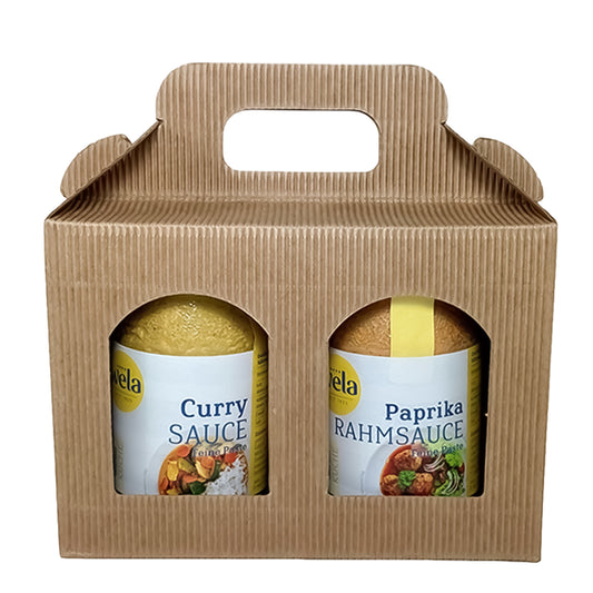 Wela Geschenkset Gourmet Saucen-Duo - Zwei kleine Gläser mit Saucenpaste sichtbar in einem braunen Geschenkkarton verpackt. 