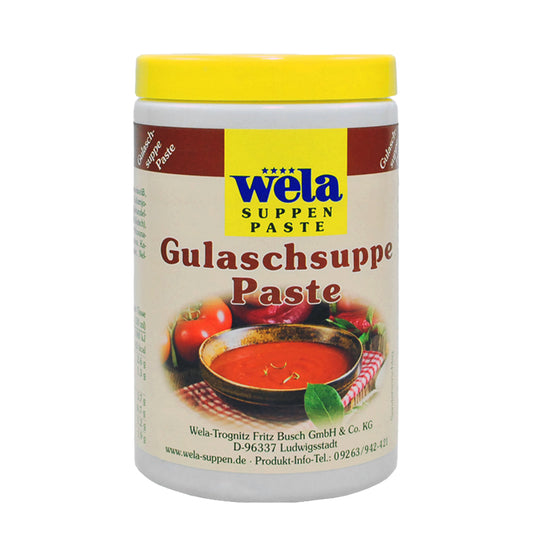 Wela Gulaschsuppe Paste – weiße Kunststoffdose mit gelbem Deckel und Etikett mit Suppenmotiv