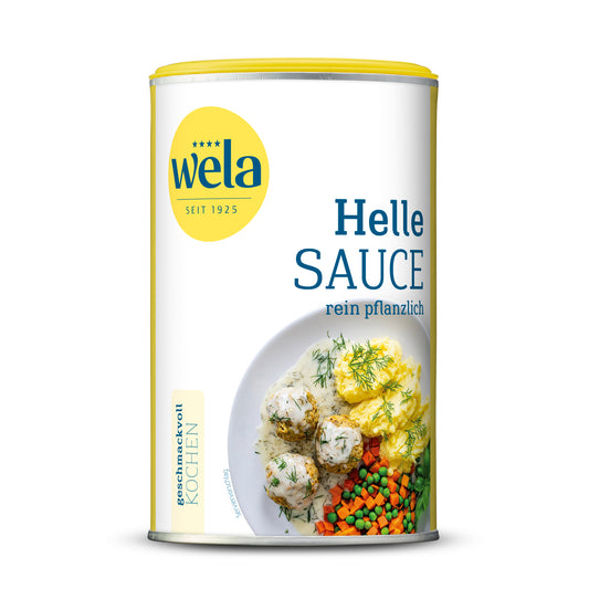 Wela Helle Sauce rein pflanzlich - Dose mit weiß-gelbem Etikett, Produktbezeichnung und Tellergericht als Motiv.