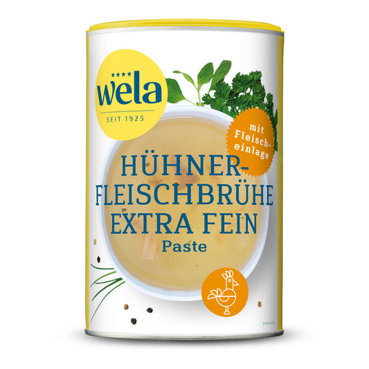 Wela Hühnerfleischbrühe extra fein - Eine große Dose mit weiß-gelbem Etikett, Produktbezeichnung und Suppe als Motiv.
