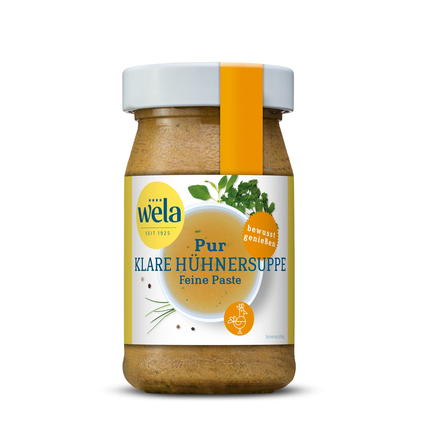 Wela Pur Klare Hühnersuppe Feine Paste - kleines Glas mit heller Suppenpaste, gelb-weißem Vorderseitenetikett, orange Banderole, Motiv einer Brühe mit Kräutern.
