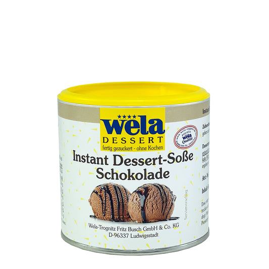 Wela Instant Dessert-Sauce Schokolade - eine kleine Dose mit weißem Etikett und zwei Eiskugeln als Motiv. 