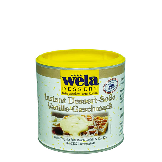 Wela Instant Dessert-Sauce Vanille-Geschmack - eine kleine Dose mit weißem Etikett und Waffeln mit Sauce als Motiv. 