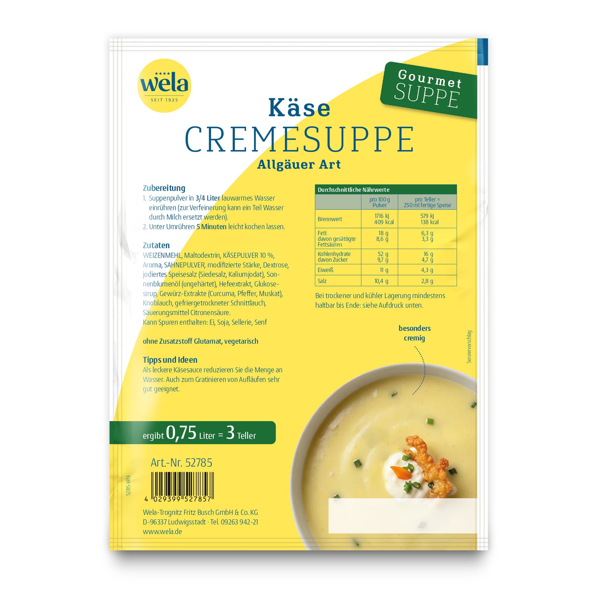 Wela Käsecremesuppe Gourmet, 3 Teller – Beutel Rückseite mit Zubereitung, Zutaten und Nährwerten