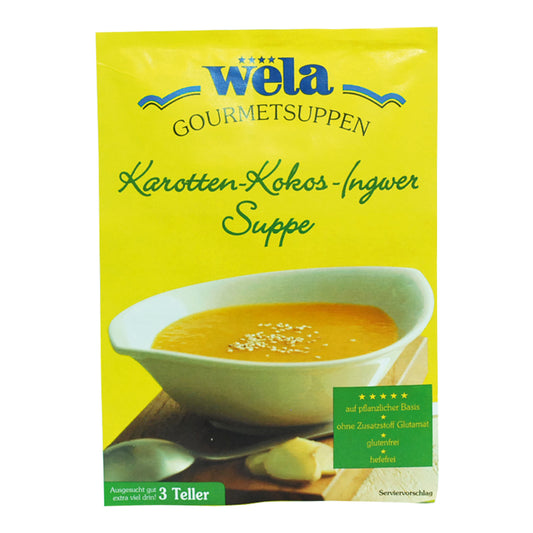 Ein gelber Suppenbeutel mit grüner Aufschrift und Suppe als Motiv.
