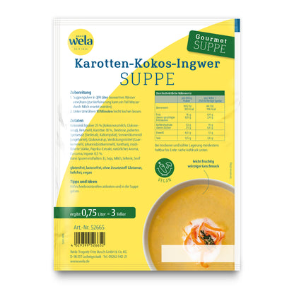 Wela Karotten-Kokos-Ingwersuppe Gourmet, 3 Teller – Beutel Rückseite mit Zubereitung, Zutaten und Nährwerten