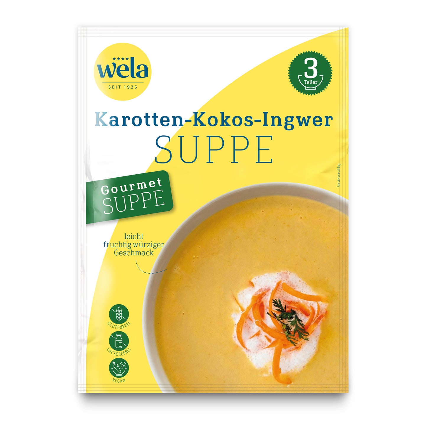 Wela Karotten-Kokos-Ingwer-Suppe Gourmet, 3 Teller – Beutel Vorderseite