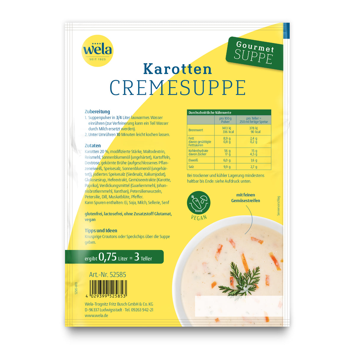 Wela Karottencremesuppe Gourmet, 3 Teller – Beutel Rückseite mit Zubereitung, Zutaten und Nährwerten