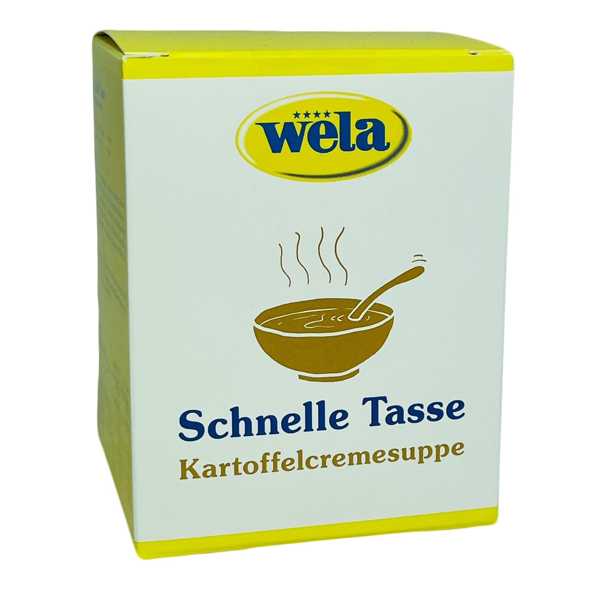 Wela Schnelle Tasse Kartoffelcremesuppe - Ein gelber Karton mit weißem Etikett und Aufschrift.