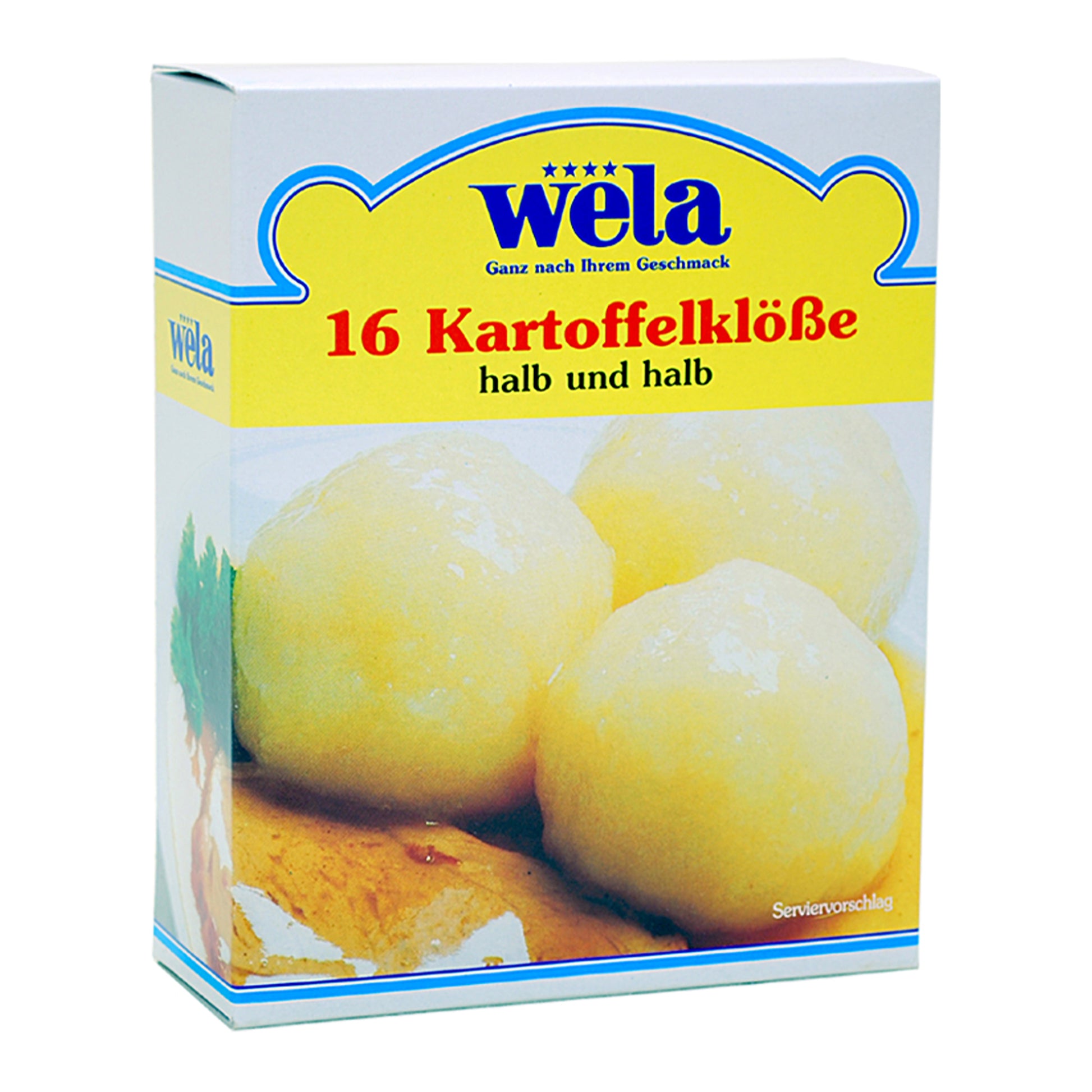 Wela Kartoffelklöße – rechteckige Faltschachtel mit gelbem Etikett, roter Aufschrift und Abbildung von Klößen.