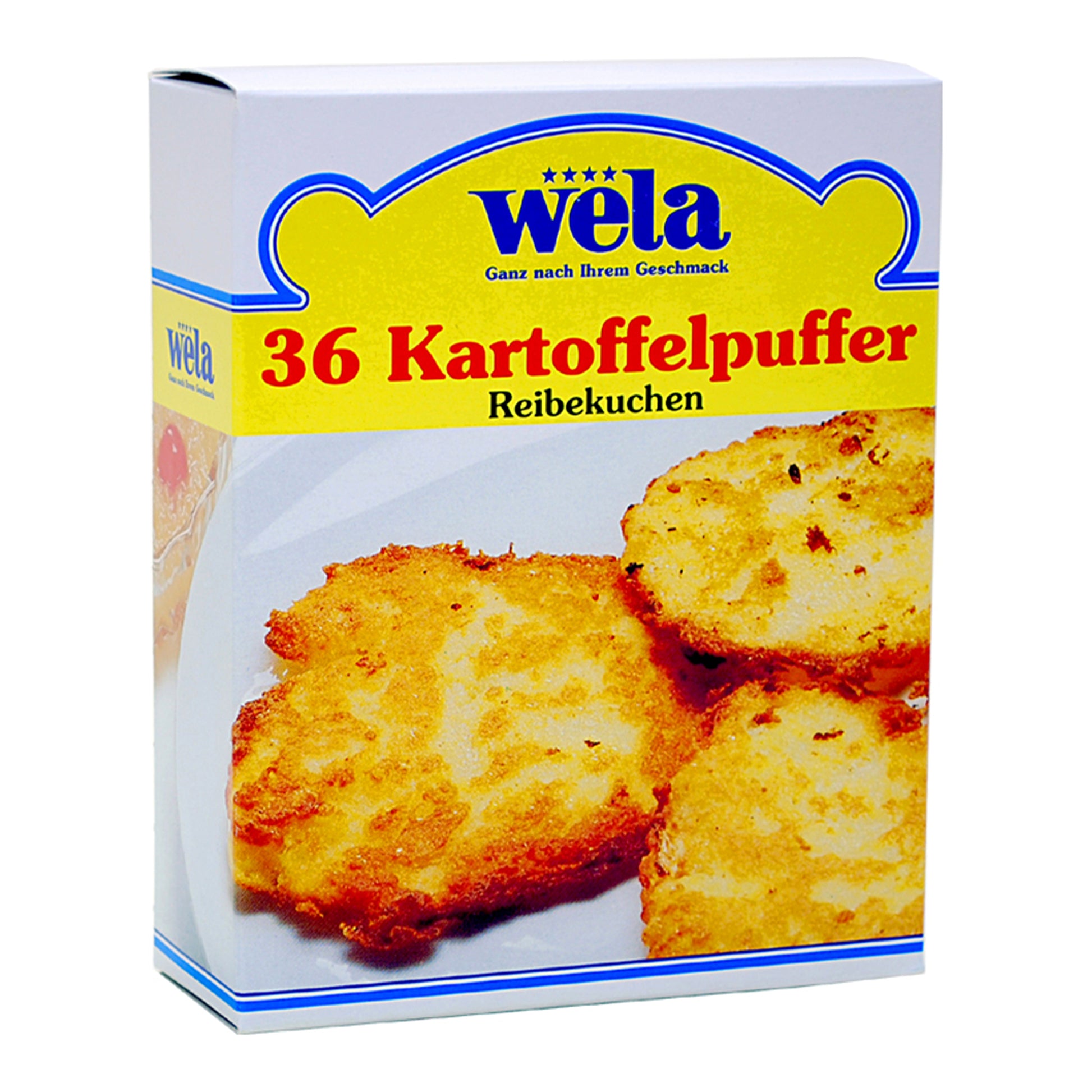 Wela Kartoffelpuffer Reibekuchen – rechteckige Faltschachtel mit gelbem Etikett, roter Aufschrift und Abbildung von Kartoffelpuffern.