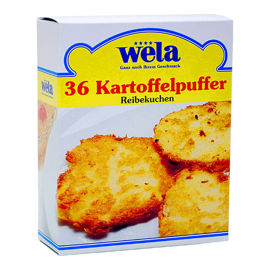 Wela Kartoffelpuffer Reibekuchen – rechteckige Faltschachtel mit gelbem Etikett, roter Aufschrift und Abbildung von Kartoffelpuffern.