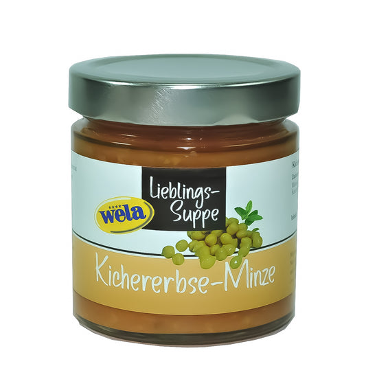 Wela Kichererbse-Minze-Lieblingssuppe - Glas mit silbernen Schraubverschluss und weiß-beigen Etikett mit Kichererbsenabbildung. 
