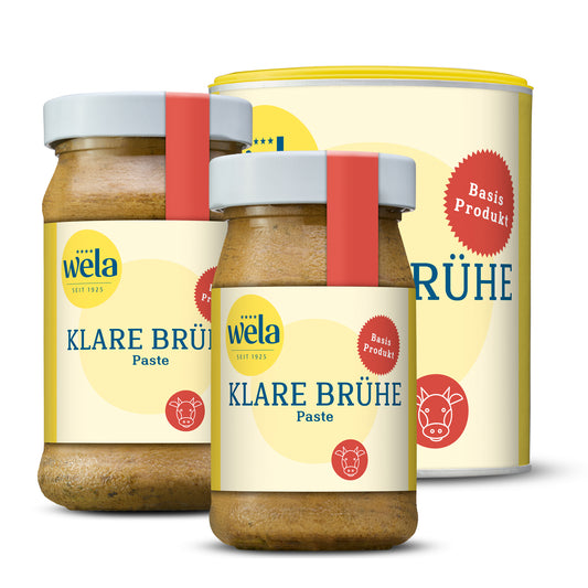 Wela Klare Brühe Paste – zwei Gläser und eine Dose mit gelb-weißem Etikett.