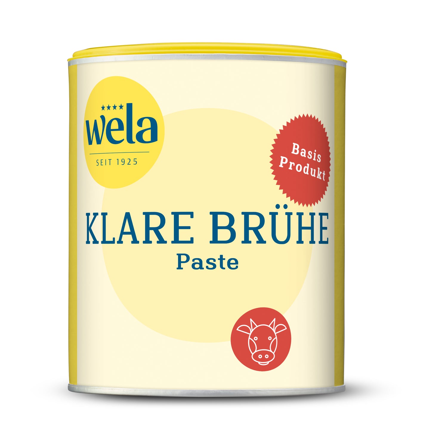 Wela Klare Brühe Paste - Vorratsdose mit gelb-weißem Vorderseitenetikett.