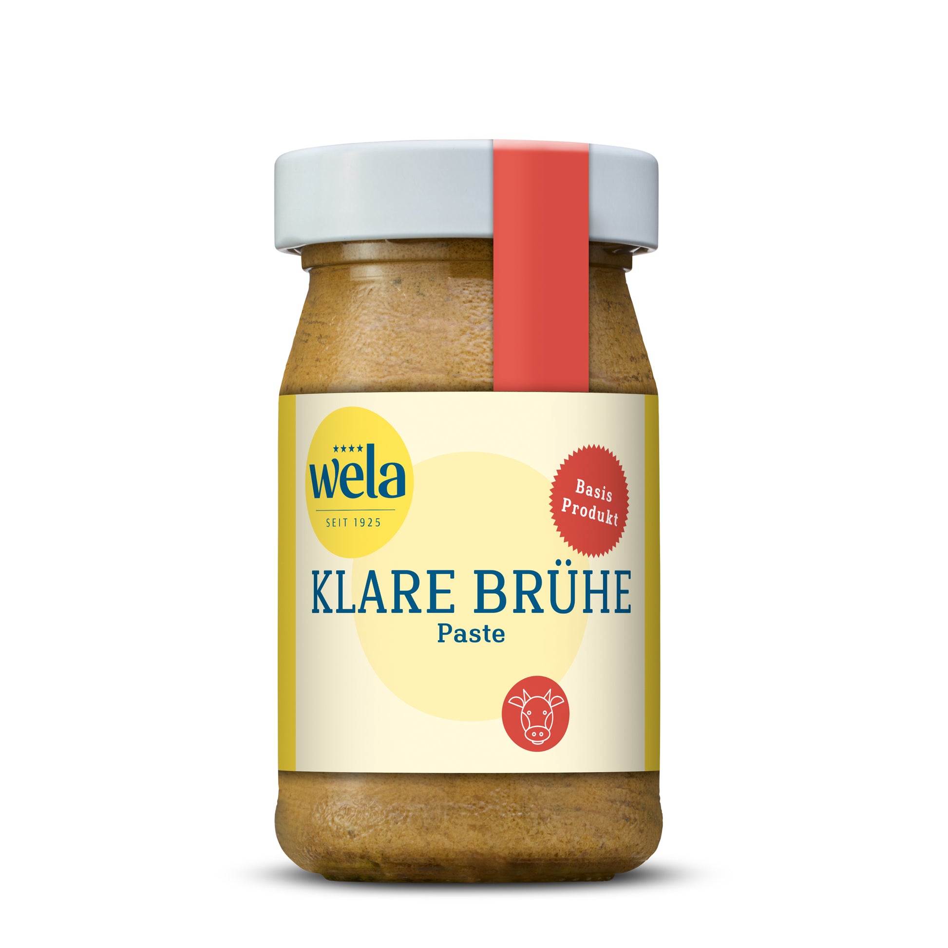 Wela Klare Brühe Paste - kleines Glas mit heller Suppenpaste, gelb-weißem Vorderseitenetikett und roter Banderole.