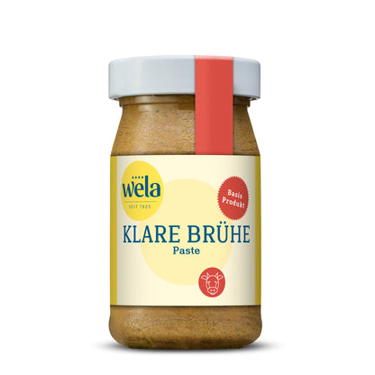 Wela Klare Brühe Paste - kleines Glas mit heller Suppenpaste, gelb-weißem Vorderseitenetikett und roter Banderole.