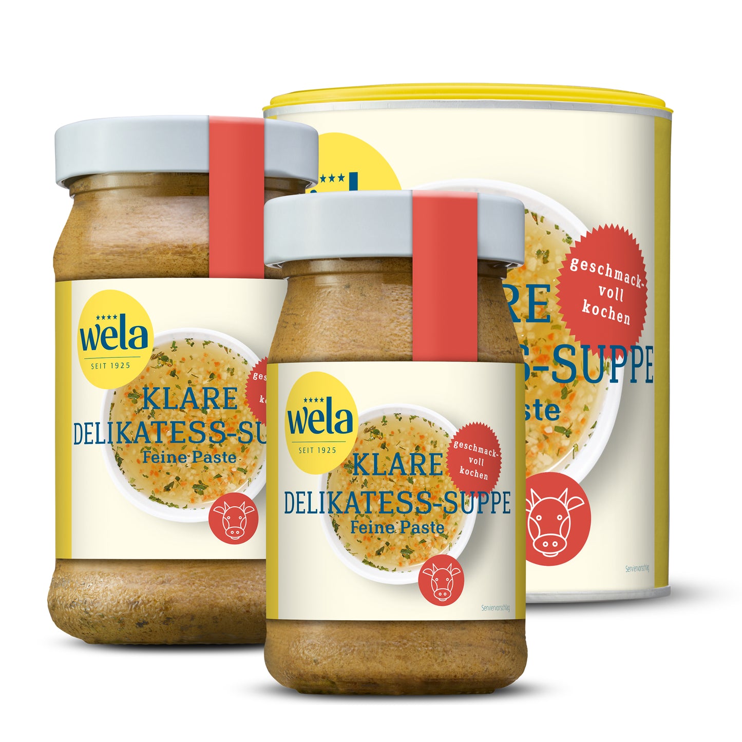 Wela Klare Delikatess-Suppe Feine Paste – zwei Gläser und eine Dose mit gelb-weißem Etikett, roter Banderole und Motiv einer Brühe.