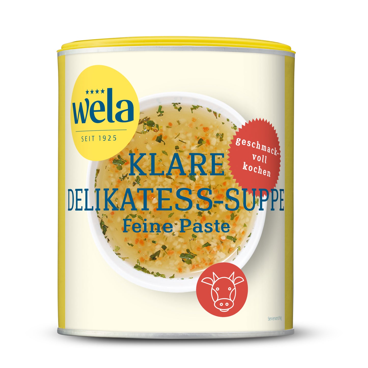 Wela Klare Delikatess-Suppe Feine Paste - Vorratsdose mit gelb-weißem Vorderseitenetikett, Motiv einer Brühe.