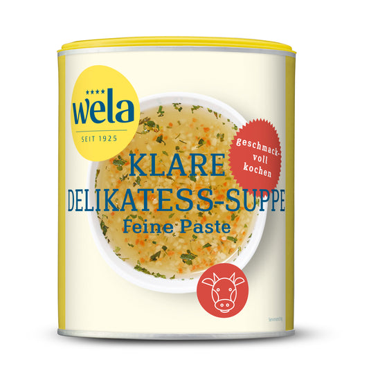 Wela Klare Delikatess-Suppe Feine Paste - Vorratsdose mit gelb-weißem Vorderseitenetikett, Motiv einer Brühe.