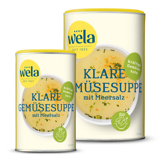 Wela Klare Gemüsesuppe mit Meersalz - eine kleine Dose und eine Vorratsdose mit gelb-weißem Vorderseitenetikett, Motiv einer Brühe.