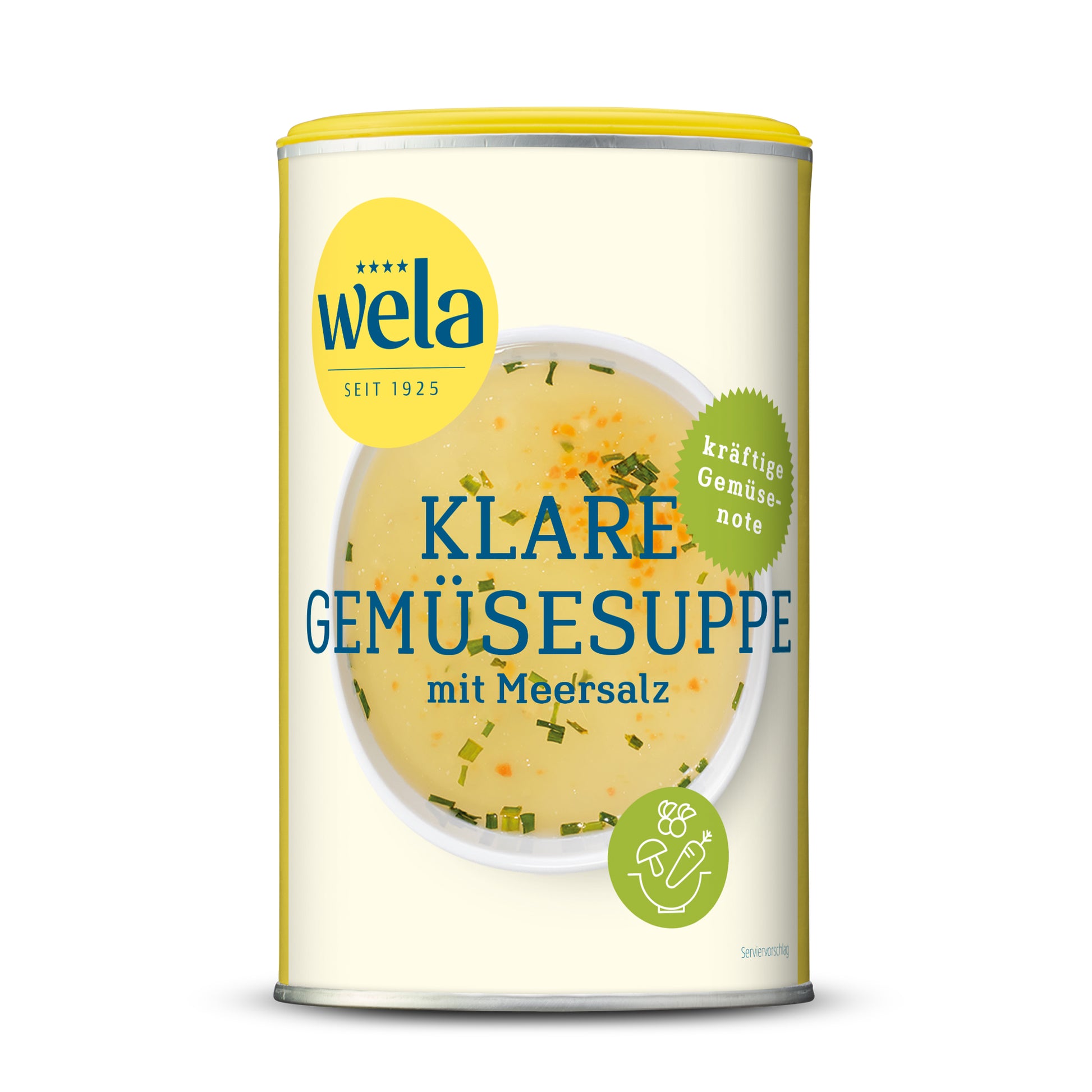 Wela Klare Gemüsesuppe mit Meersalz gekörnt - Dose mit gelb-weißem Vorderseitenetikett, Motiv einer Brühe. 