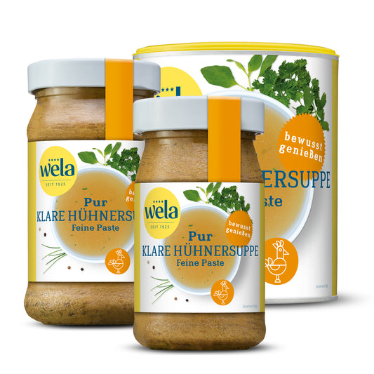 Wela Pur Klare Hühnersuppe Feine Paste – zwei Gläser und eine Dose mit gelb-weißem Etikett, oranger Banderole und Motiv einer Brühe mit Kräutern.