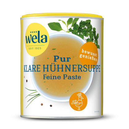 Wela Pur Klare Hühnersuppe Feine Paste - Vorratsdose mit gelb-weißem Vorderseitenetikett, Motiv einer Brühe mit Kräutern