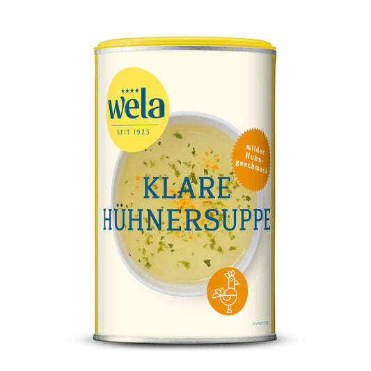 Wela Klare Hühnersuppe gekörnt - Dose mit gelb-weißem Vorderseitenetikett, Motiv einer Brühe.