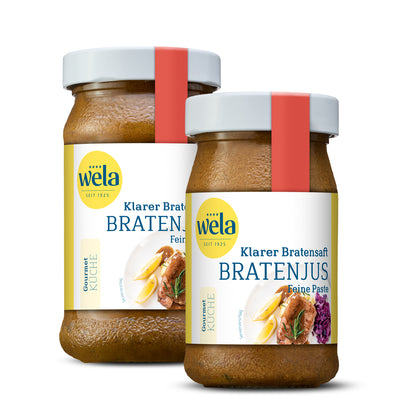 Wela Klarer Bratensaft Bratenjus feine Paste - 2 Gläser mit brauner Saucenpaste, gelb-weißem Vorderseitenetikett, rote Banderole, Motiv mit Tellergericht. 