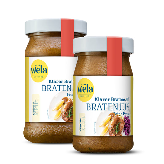 Wela Klarer Bratensaft Bratenjus feine Paste - 2 Gläser mit brauner Saucenpaste, gelb-weißem Vorderseitenetikett, rote Banderole, Motiv mit Tellergericht. 