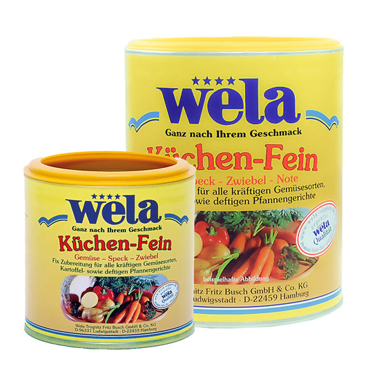 Wela Küchen Fein - eine kleine Dose und eine Vorratsdose mit gelben Etikett und Gemüse als Motiv.
