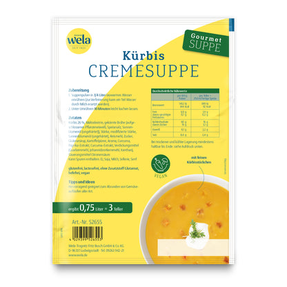 Wela Kürbiscremesuppe Gourmet, 3 Teller – Beutel Rückseite mit Zubereitung, Zutaten und Nährwerten