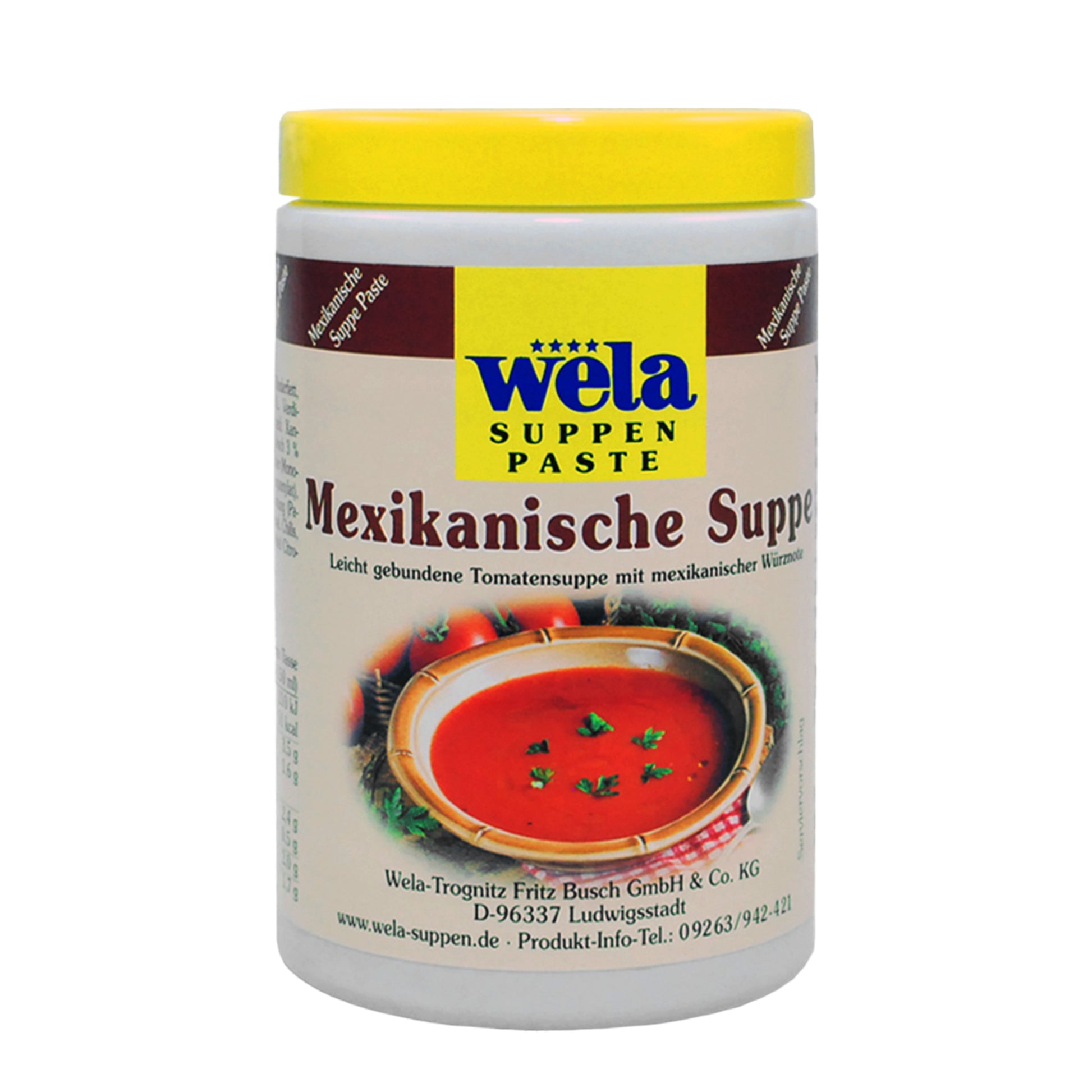 Wela Mexikanische Suppe Paste – weiße Kunststoffdose mit gelbem Deckel und Etikett mit Suppenmotiv.
