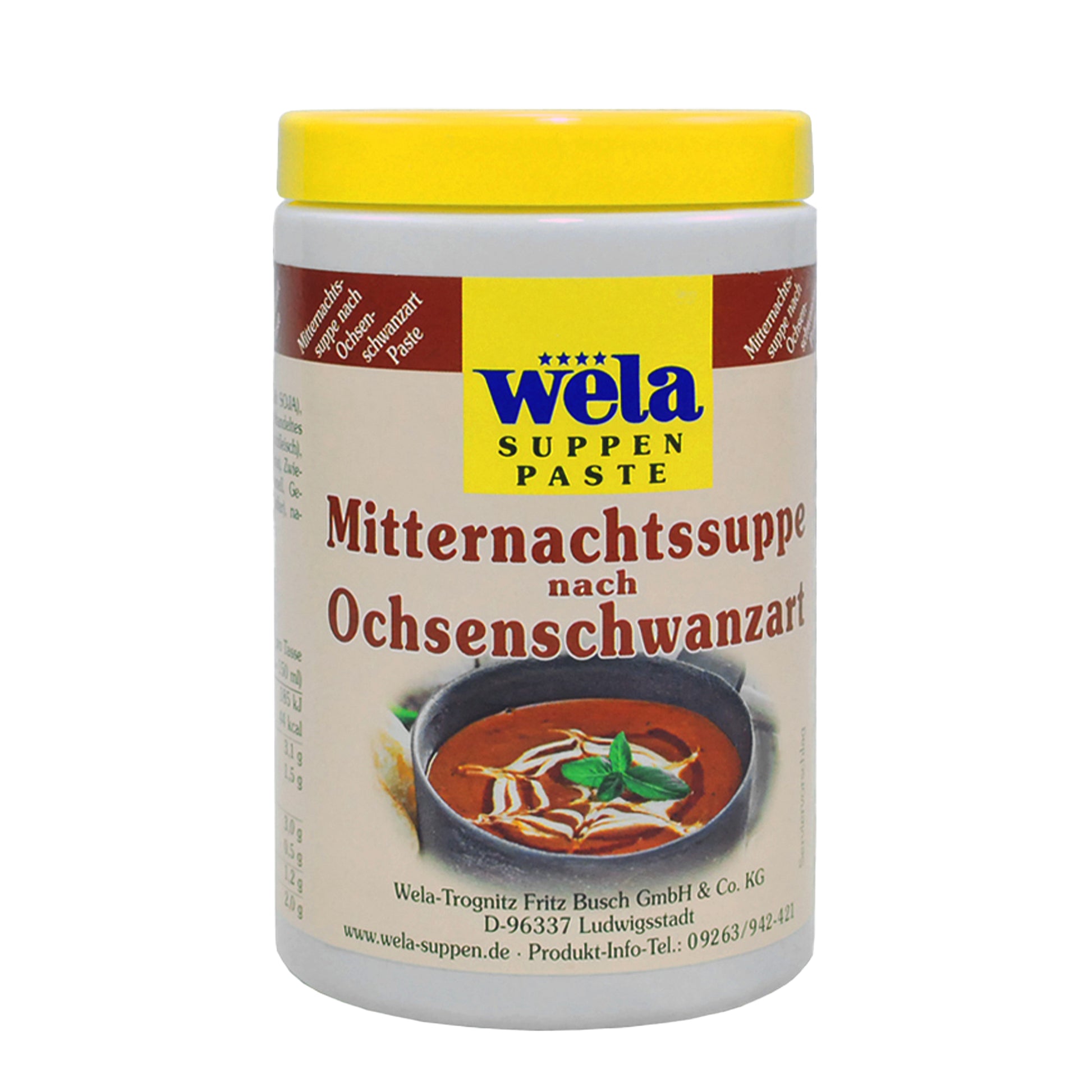Wela Mitternachtssuppe Paste – weiße Kunststoffdose mit gelbem Deckel und Etikett mit Suppenmotiv.