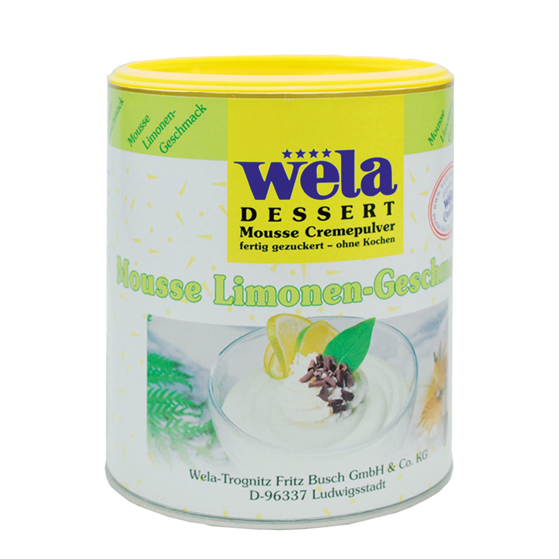 Wela Mousse Limone - Dose mit gelb-weißem Etikett und Dessert als Motiv.
