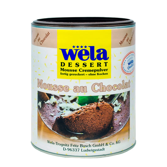 Wela Mousse au Chocolat – Dose mit weißem Etikett, Produktbezeichnung und Dessertmotiv.