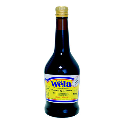Wela Original Speisewürze - eine große schwarze Flasche mit Schraubverschluss und gelb-weißem Etikett. 
