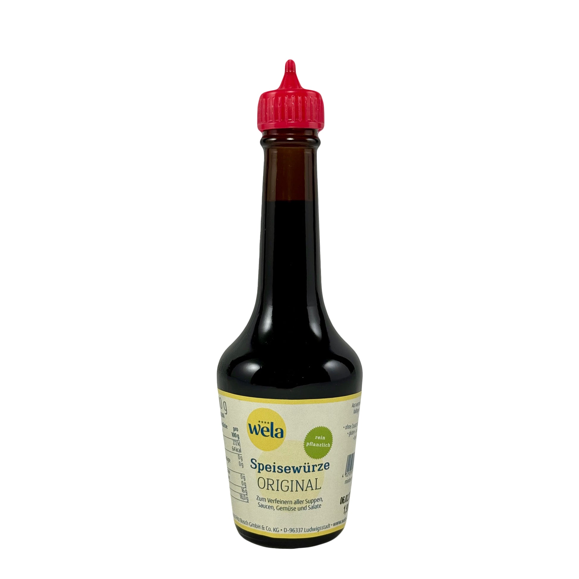 Wela Original Speisewürze - eine kleine schwarze Flasche mit rotem Verschluss und gelb-weißem Etikett. 
