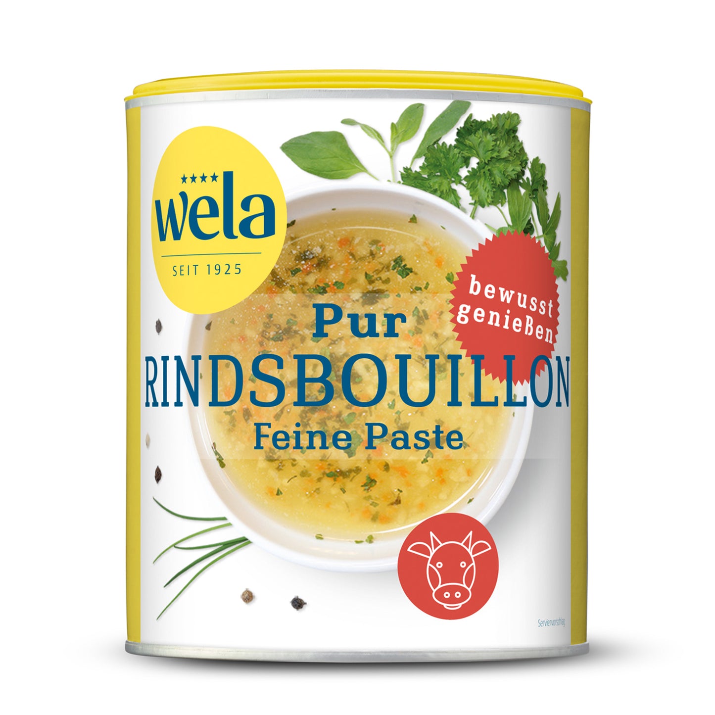 Wela Pur Rindsbouillon Feine Paste - Vorratsdose mit gelb-weißem Vorderseitenetikett, Motiv einer Brühe mit Kräutern.
