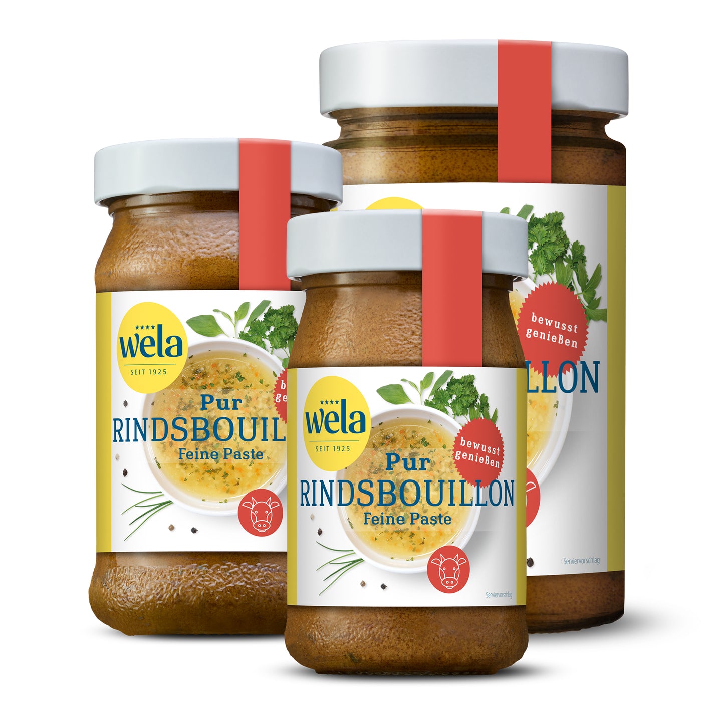 Wela Rindsbouillon Pur Feine Paste, drei Gläser in verschiedenen Größen