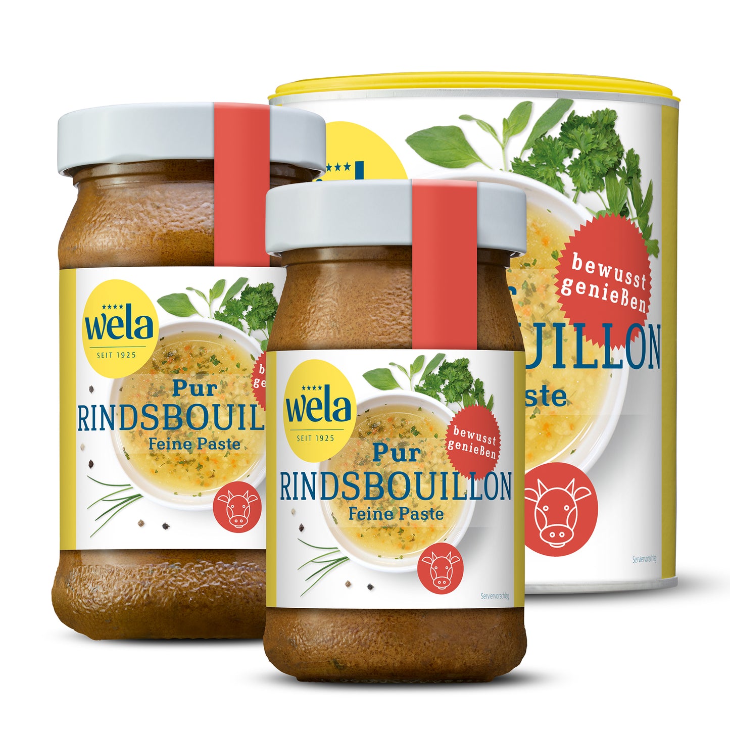Wela Pur Rindsbouillon Feine Paste – zwei Gläser und eine Dose mit gelb-weißem Etikett, roter Banderole und Motiv einer Brühe mit Kräutern.