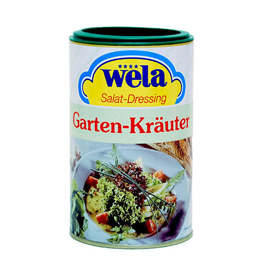 Wela Salat-Dressing Garten-Kräuter - Dose mit Etikett, Produktbezeichnung und Salatmotiv.