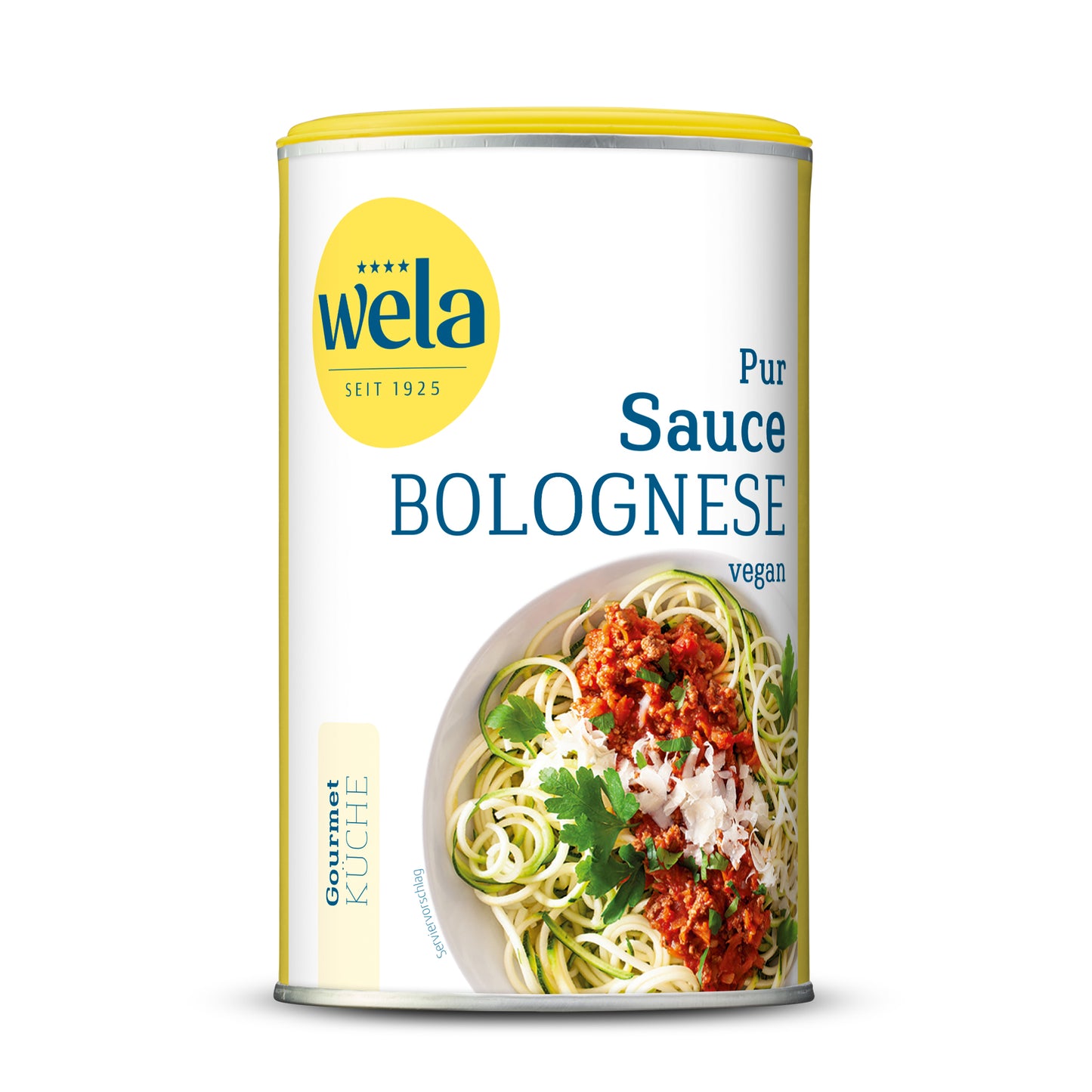Wela Sauce Bolognese vegan pur - Dose mit gelb-weißem Vorderseitenetikett, Motiv eines Pastagerichts.
