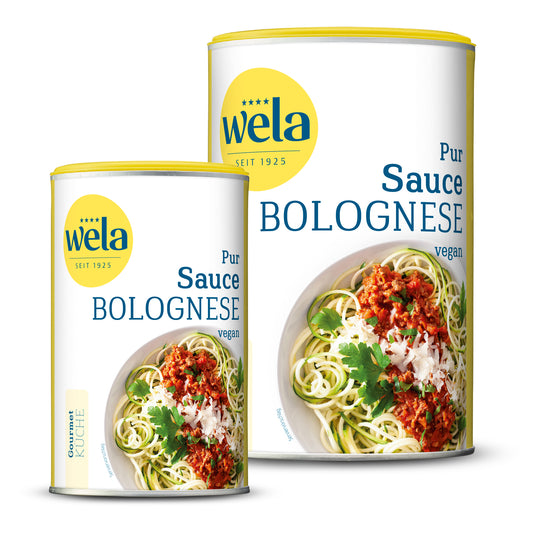 Wela Sauce Bolognese vegan pur - 1 Dose und 1 Vorratsdose mit gelb-weißem Vorderseitenetikett, Motiv eines Pastagerichts.

